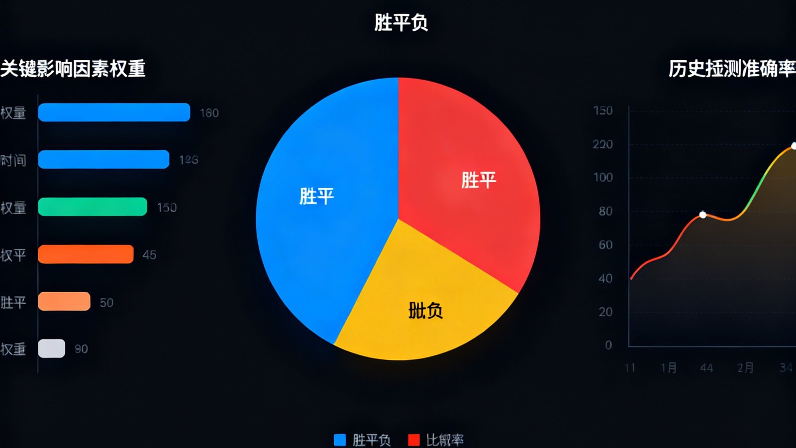 数据预测界面展示，中央为胜平负概率饼图，左侧列出关键影响因素权重条形图，右侧显示历史预测准确率趋势曲线，整体配色专业沉稳